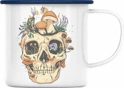 Produktbild von Trendation - Totenkopf Emaille Tasse Geschenk Pilzsammler Pilze Frauen Damen Tattoo Geschenkidee Grafik (Blau)