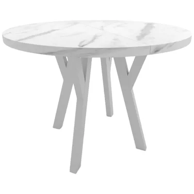 Obrázok produktu pre ADIDAR Jedálenský stôl okrúhly rozkladací CONVIVIO 100-150 cm pre 8 osôb, doska 48 mm, loft, stabilné masívne nohy – Biely mramor, Biele nohy