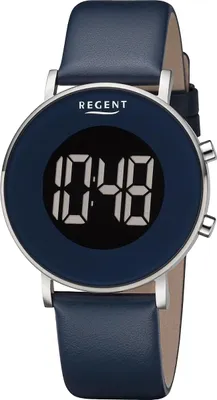 A digital watch with a blue face and a blue leather strap, shown against a white background.