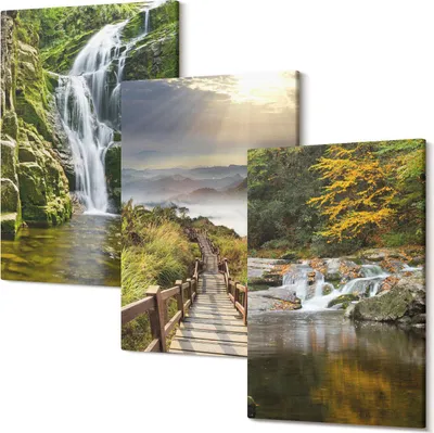 Produktbild von Wandbild – Leinwandbild – Leinwandbilder – Polycanvas – Kunstdruck – Modern – Panorama – Mehrteilig – 3-Teilig Set – Hochwertig – Lichtecht – Geruchslos – 20x30 Cm Je Element - Wasserfälle, Berge, Wolkenpfade und Herbstansichten