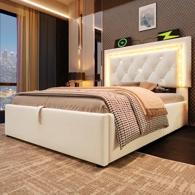 Obrázek produktu pro STILVORA čalouněná postel 90 x 200 cm s LED diamantovým páskem v čele USB a Type-C nabíjecí stanice Postel s úložným prostorem, moderní rám postele s roštem, sametová jednolůžková postel, béžová (bez matrace)