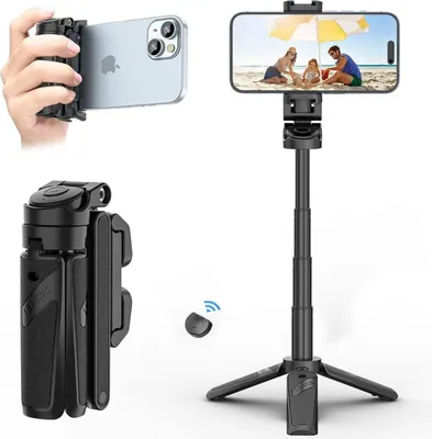 Zdjęcie produktu dla Przenośny statyw do selfie z pilotem Bluetooth, teleskopowy, obrotowy o 360°, kolor czarny