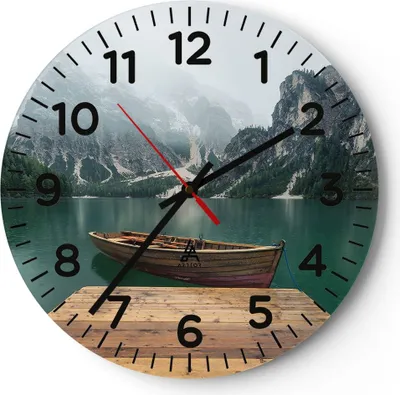 Produktbild von Wanduhr - Rund - Glasuhr - Berge See Boot - 40x40cm - Schleichendes Uhrwerk - Lautlos - zum Aufhängen bereit - Dekoration Modern - Wanddekoration aus Glas - C4AR40x40-3978