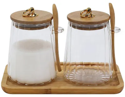 Zuckerdosen-Set 2er, 600 ml, Glas mit Deckel, inkl. Löffel & Tablett