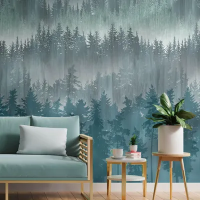 Productafbeelding van Profhome 391813-GU Fotobehang bosmotief mat blauw pastelturquoise 1,59 m x 2,8 m