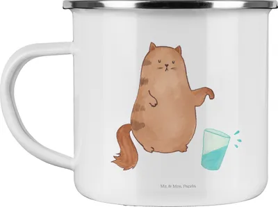 Produktbild von Mr. & Mrs. Panda Teetasse Katze Wasserglas - Weiß - Geschenk, Katzen, Cat, Emaille Becher, Kater, Cats, Campingbecher, metallbecher, Teebecher, Pott