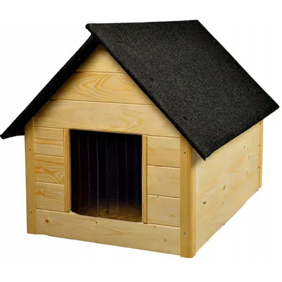 A wooden dog house with a black roof, shown from the front.