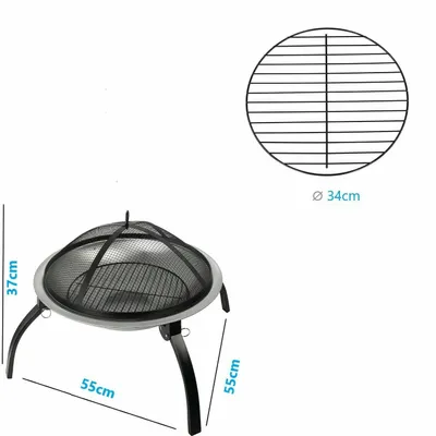 Produktbild von Defactoshop Multifunktionale 2-in-1 Feuerstelle Edelstahl Ø 58 cm mit Grill Ø 55 cm, Funkenhaube, Feuerhaken, Feuerrost für Holzkohle & Holz