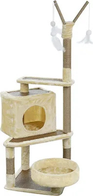 Produktbild von Katzenbaum | Kratzbaum | 3 Ebenen | mit Höhle | Spielmöglichkeit | Aussichtskörbchen | Hängematte | Beige/Braun | 147 cm Hoch