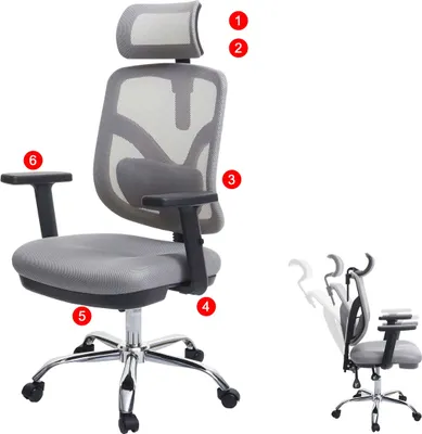 A grey ergonomic office chair with numbered callouts pointing to different parts of the chair. A smaller inset image shows the chair's reclining feature.
