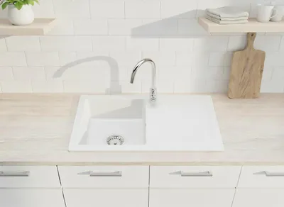 Produktbild von [Granitspüle 76x44+Armatur in verschiedenen Farben]Hochwertig beidseitig Montierbar Küchenspüle Eckig Einbaugranitspüle Granit Spülbecken f. Unterschränke ab 45 cm inkl.Siphon Set, K-Farbe:Weiß