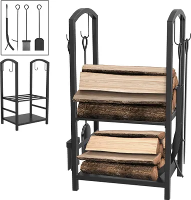 A black metal firewood rack filled with logs, with fireplace tools hanging on the side. A smaller, empty firewood rack is shown in the inset.
