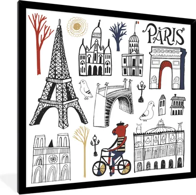 Produktbild von MuchoWow® Gerahmtes Poster Paris - Eiffelturm - Zeichnung 40x40 cm - Poster mit Schwarzem Bilderrahmen Wandposter Rahmen Foto Bilder - Mit Rahmen - Wanddekoration Schlafzimmer
