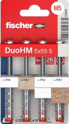 A retail package of Fischer DuoHM wall anchors, showing the product and its specifications.