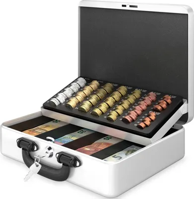 Produktbild von ACROPAQ Geldkassette - Abschließbar, Mit Münzzählbrett, Groß, 30 x 24,5 x 9 cm, Mit 2 Schlüsseln, Premium Gehäuse - Geldkasse, Haushaltskasse - Weiß