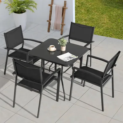 Produktbild von Garten-Essgruppe, Esstisch aus gehärtetem Glas und 4 stapelbare Gartenstühle (5er-Set)