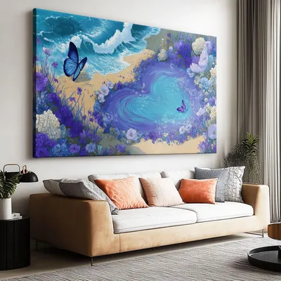 Image de Œuvre d'art sur toile représentant une plage, des fleurs et des papillons