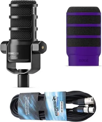 Produktbild von Rode Mikrofon Podmic USB mit WS14PU Popschutz Lila und Kabel
