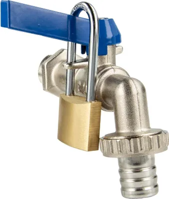 A close-up shot of a water tap with a blue handle, locked with a brass padlock.