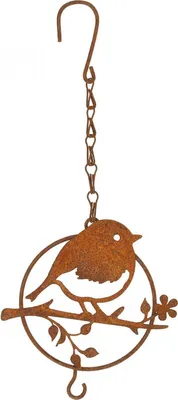 Produktbild von Edelrost Metallvogel zum Hängen mit Futterstelle - Dekorative Gartenvogel-Silhouette mit Haken, 11,5×13cm