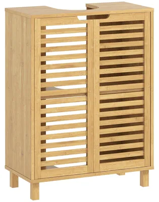 Zdjęcie produktu dla Szafka pod umywalkę z bambusa z drzwiczkami żaluzjowymi i regulowanymi półkami wewnętrznymi | Kolor: Brązowy | Wymiary: 60x30x80 cm
