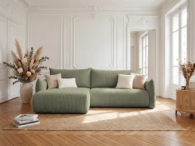 Productafbeelding van Eckbank met slaapfunctie, model MAILAND, bekleed met stof Tilia, kleur olijgroen, met een losse ottomaan aan de linkerkant
