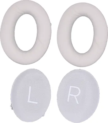 Two pairs of white ear pads and two smaller circular ear pads with L and R markings.