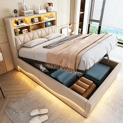 Immagine prodotto di Letto imbottito Flieks 140x200cm con contenitore, letto per ragazzi letto singolo con usb e led, letto contenitore con rete a doghe in metallo, lino, beige