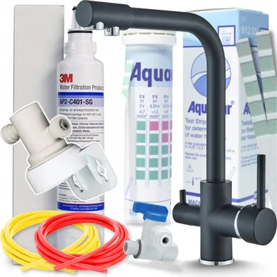 Obrázek produktu pro 3cestná kuchyňská baterie Ari Venom 1 s přípojkou pro filtr vody, otočná výtoková trubice 360°, keramická kartuše, černá chrom