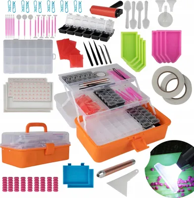 A collection of diamond painting accessories laid out on a white background.