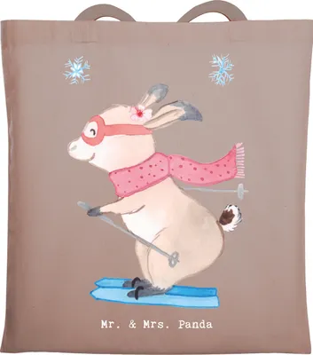 Produktbild von Mr. & Mrs. Panda Tote Bag Hase Skifahren - Braun Pastell - Geschenk, Schultasche, Skisport, Ski fahren, Shopping Tasche, Skirennen, Einkaufstasche, Laptoptasche
