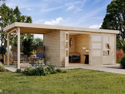 Produktbild von Gartenhaus Zweiraumhaus Nordhorn 19 mm naturbelassen inkl. 2,4 m Anbaudach