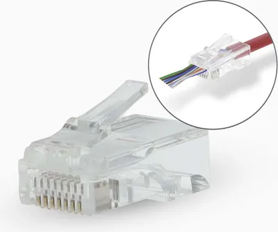 Immagine prodotto di Connettore RJ45 | RJ45 Pass Through | UTP CAT5 con strappi | Dritta | Placcato oro | 10 pz. | PVC | Trasparente | Scatola