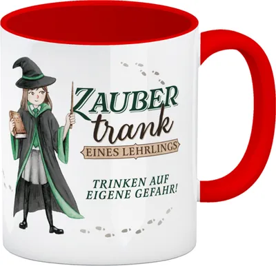 Produktbild von Zaubertrank Kaffeebecher in rot mit Zauberschülerrin in grün
