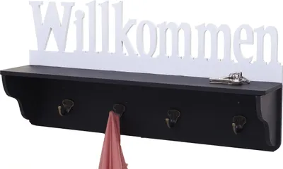 Produktbild von Wandgarderobe HWC-D41 Willkommen, Garderobe Regal, 4 Haken massiv 30x60x13cm  schwarz/weiß