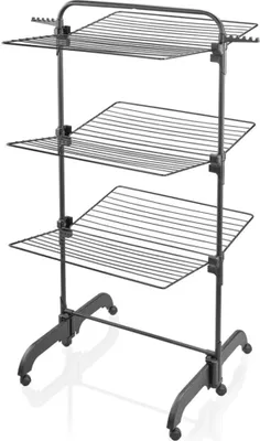 A black three-tier drying rack with wheels.
