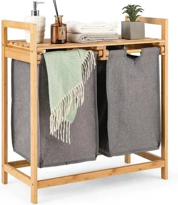 Produktbild von Famanu Wäschekorb mit 2 herausnehmbaren Fächern - Platzsparendes Bambusdesign für das Badezimmer (64 x 33 x 73 cm)
