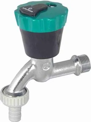 A close-up studio shot of a garden tap with a green and black handle.
