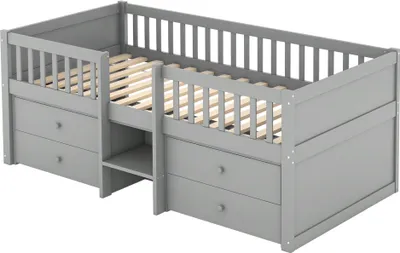 Produktbild von Flieks Kinderbett Etagenbett 90x200cm mit 4 Schubladen, Niedriges Hochbett mit Treppe, Stockbett mit Rausfallschutz, Holzbett Einzelbett Grau