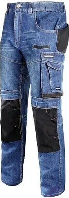 A pair of blue denim work pants with black reinforced knee patches and cargo pockets.