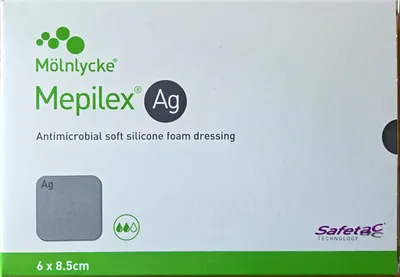 Produktbild von Mepilex Ag, 6 x 8,5cm, Antimikrobieller Schaumverband aus weichem Silikon, 5 Stück