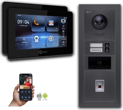 Produktbild von Goliath IP Video Türsprechanlage: 7-Zoll 2 Familienhaus, Fingerprint, RFID, Anthrazit : 7 Zoll Schwarz : 4er POE : Aufputz Dose Anschluss: 4er POE Monitor Farbe: 7 Zoll Schwarz Montage: Aufputz Dose