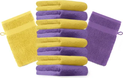 Produktbild von Betz 10 Stück Waschhandschuhe 16x21 cm PREMIUM 100% Baumwolle Farbe: lila und gelb