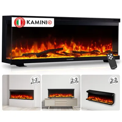 Immagine prodotto di KAMINIO Camino elettrico LEA - Caminetto 3-in-1 con vista panoramica, riscaldamento, effetto fiamma 3D, 12 colori di fiamma, telecomando - 50 pollici, Immagine generata dall'IA