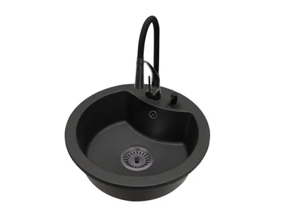 Produktbild von Granit Küchenspüle rund 1 Becken MILA Set mit Armatur NEXO, schwarzem Siphon und Seifenspender Einbauspüle Komplettset