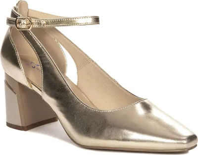 Produktbild von Goldene Naturleder Schuhe K681625001 mit spitzer Zehenpartie, Riemen und 7 cm Blockabsatz