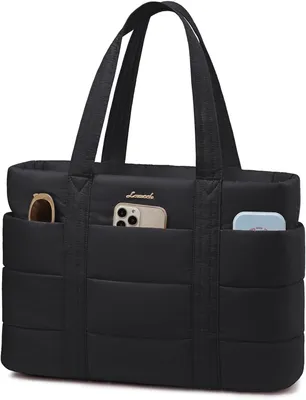 Produktbild von Shopper Tasche Damen, Leicht Puffer Handtasche Groß Arbeitstasche Tote Bag mit Vielen Fächern, 15,6 Zoll Laptoptasche Schultasche Lehrertasche Women Handbags für Büro Uni Reise, Schwarz