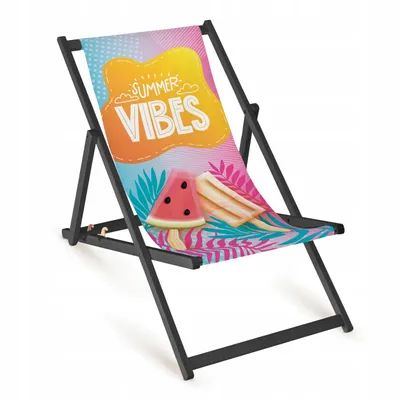 Obrázok produktu pre Drevené ležadlo „Summer Vibes“ s celoplošnou potlačou a čiernym rámom – záhradné ležadlo, vonkajšie a balkónové