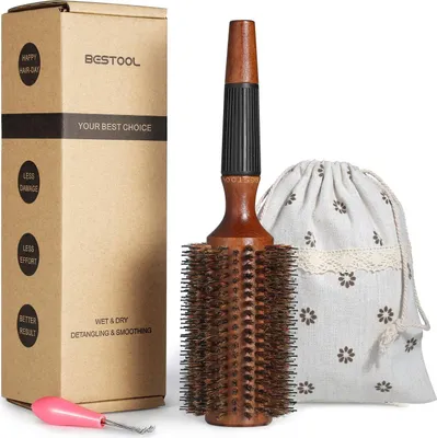 Image de BESTOOL Brosse ronde en soies de sanglier Fût en bois pour sèche-cheveux Boucles Brillance 2,8 pouces