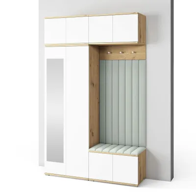 Produktbild von Garderoben-Set Aura Version 9: Kleiderschrank mit Polsterpaneelen, Schuhschrank Flur und Eingangsbereich (weiß/Artisan-Eiche /Trinity 21)
